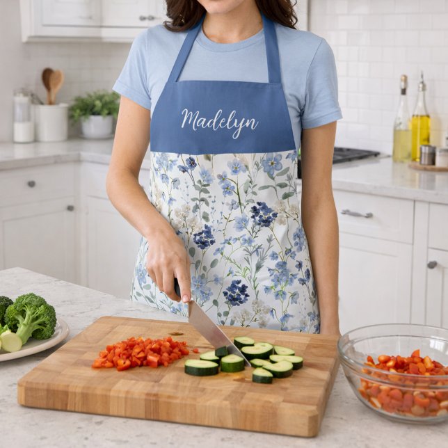 Tablier Fleur sauvage bleu aquarelle nom personnalisé (Créateur téléchargé)