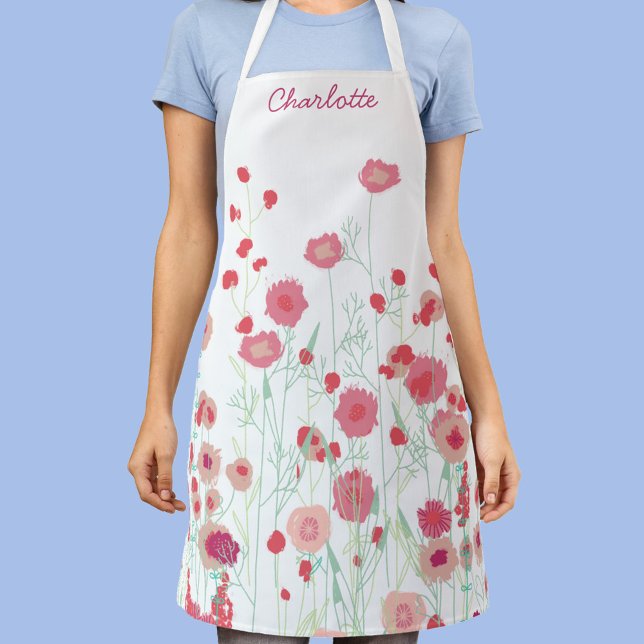 Tablier Fleur sauvage Boho personnalisé (Personalized custom name wildflower art pink, sage green and white apron)