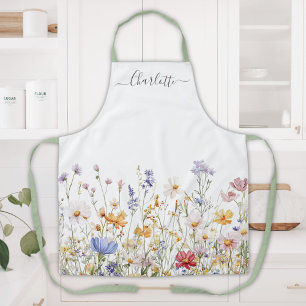 Tablier Fleur Sauvage Colorée à l'Aquarelle Élégante Monog