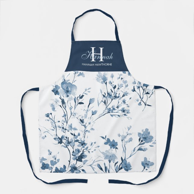 Tablier Fleur sauvage de couleur bleu violet aquarelle nom (Recto)