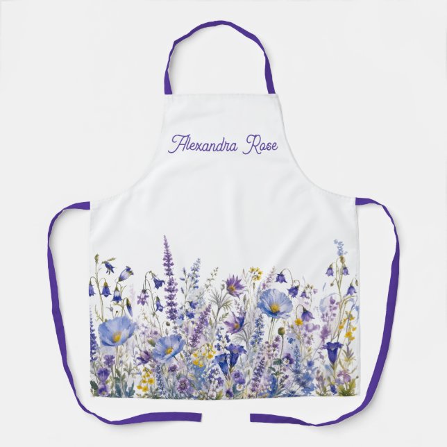 Tablier Fleur sauvage de couleur bleu violet jaune Nom per (Recto)