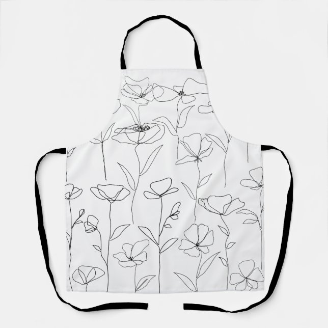 Tablier Fleur sauvage de pavot noir et blanc minimal flora (Recto)