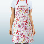 Tablier Fleur sauvage floral moderne Nom personnalisé<br><div class="desc">Peinture d'aquarelle moderne,  brillante et joyeuse de fleur sauvage en rouge,  rose et blanc. Art original de Nic Squirrell. Modifiez le nom pour personnaliser.</div>
