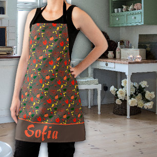 Tablier Fleur sauvage motif pavot brun