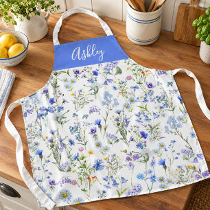 Tablier Fleur Sauvage Nom Personnalisé Aquarelle Bleu Viol