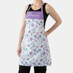 Tablier Fleur sauvage personnalisée aquarelle verte violet