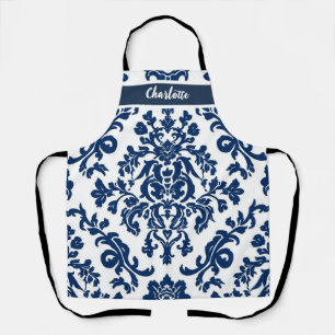 Tablier Fleur sophistiquée bleu foncé et blanc sans coutur