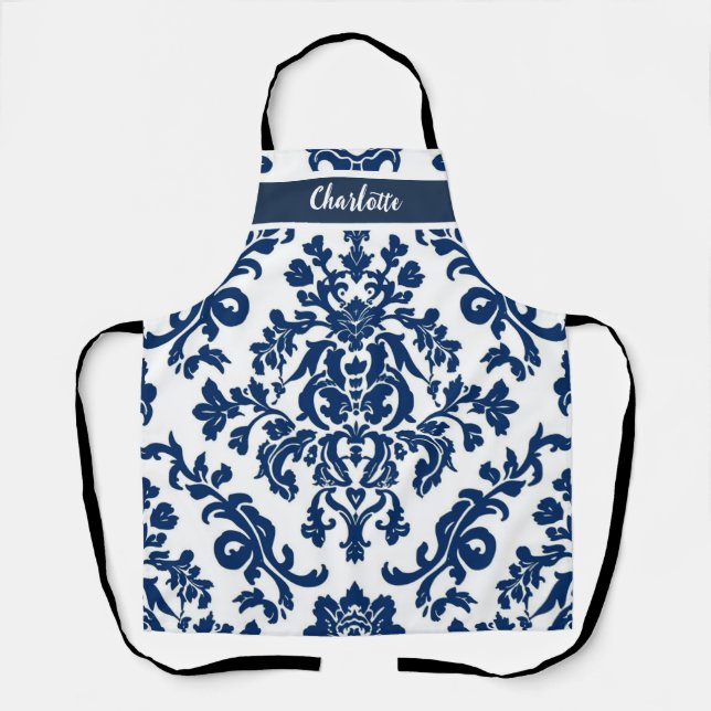 Tablier Fleur sophistiquée bleu foncé et blanc sans coutur (Recto)