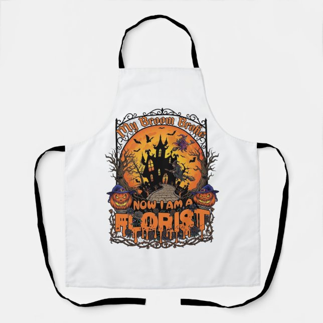 Tablier Fleuriste balai cassé sorcière Halloween citrouill (Recto)