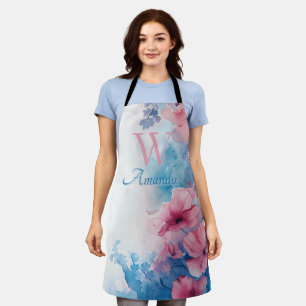 Tablier Fleurs Aquarelle douce en rose et bleu