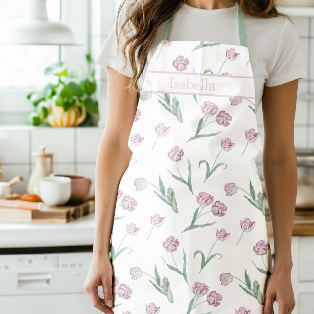 Tablier Fleurs Aquarelle Tulipes Roses (Tulips Apron Pink)