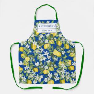 Tablier Fleurs blanches de citrons et monogramme sur bleu