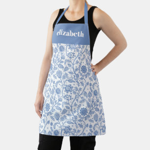 Tablier Fleurs bleues et blanches, nom personnalisé, botan