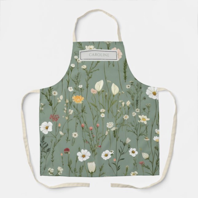 Tablier Fleurs Boho Rustiques Personnalisées Sage Green (Recto)