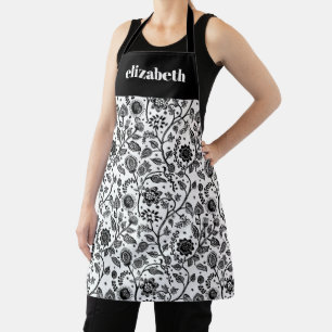 Tablier Fleurs botaniques noir blanc personnalisation Boho