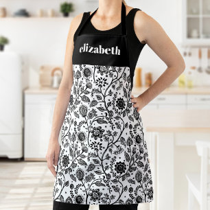 Tablier Fleurs botaniques noir blanc personnalisation Boho