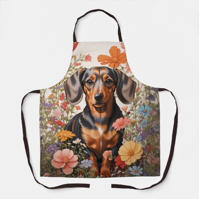 Tablier Fleurs Brown De Dachshund Et Cosmos (Recto)