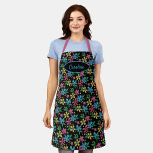 Tablier Fleurs colorées personnalisées Motif sur noir