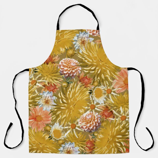 Tablier Fleurs dahlia dorées, design vintage fleuri. (Recto)