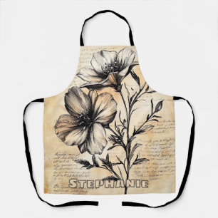 Tablier Fleurs de campagne françaises botaniques sépia rus