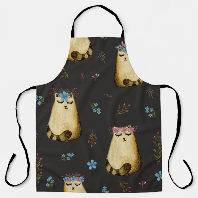 Tablier Fleurs de chats mignons Motif d'aquarelle (Recto)