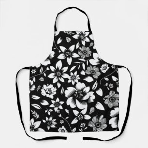 Tablier Fleurs de feuilles florales modernes noir blanc qu