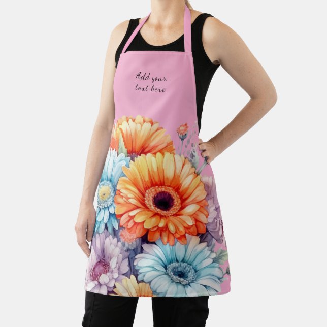 Tablier Fleurs de Gerbera texte personnalisé rose (Insitu)