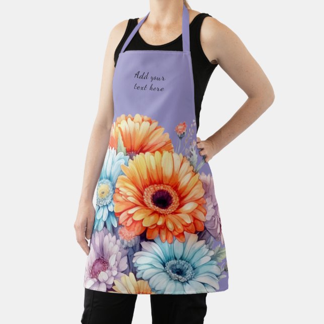 Tablier Fleurs de Gerbera texte personnalisé violet (Insitu)