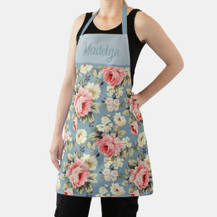 Tablier Fleurs de jardin de campagne Monogramme bleu Nom