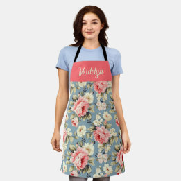 Tablier Fleurs de jardin de campagne Monogramme Nom Corail