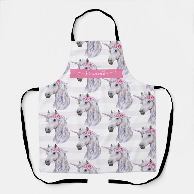Tablier Fleurs de licorne mignonne sur fond rayé tête (Recto)