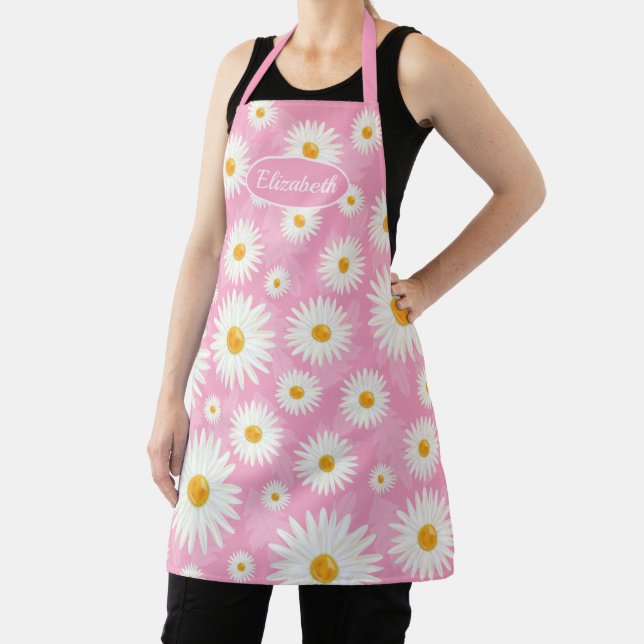 Tablier Fleurs de marguerite blanche sur illustration rose (Insitu)