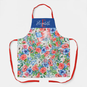 Tablier Fleurs de monogramme rouge blanc et bleu 4 juillet