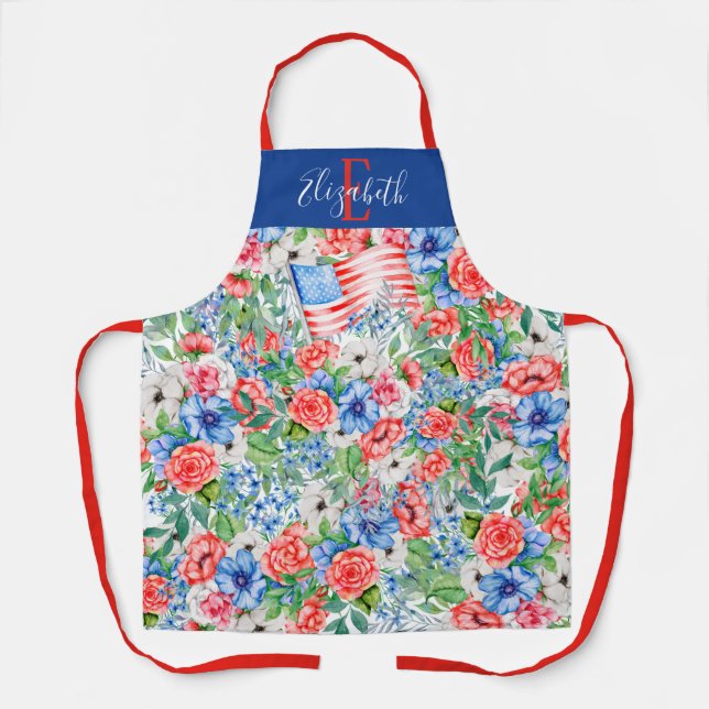 Tablier Fleurs de monogramme rouge blanc et bleu 4 juillet (Recto)