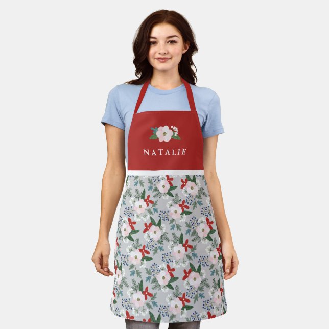Tablier Fleurs de Noël Nom du motif Floral Rouge (Porté)