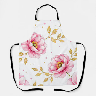 Tablier Fleurs de pivoine roses motif feuilles dorées