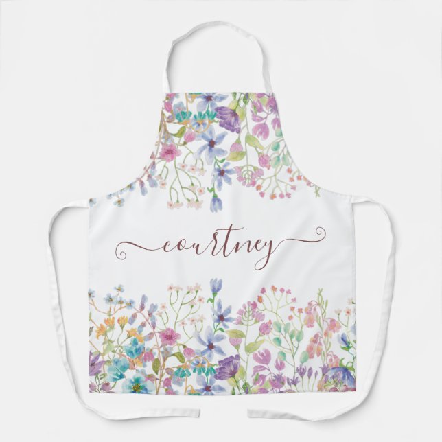 Tablier Fleurs de printemps à l'aquarelle personnalisées  (Recto)