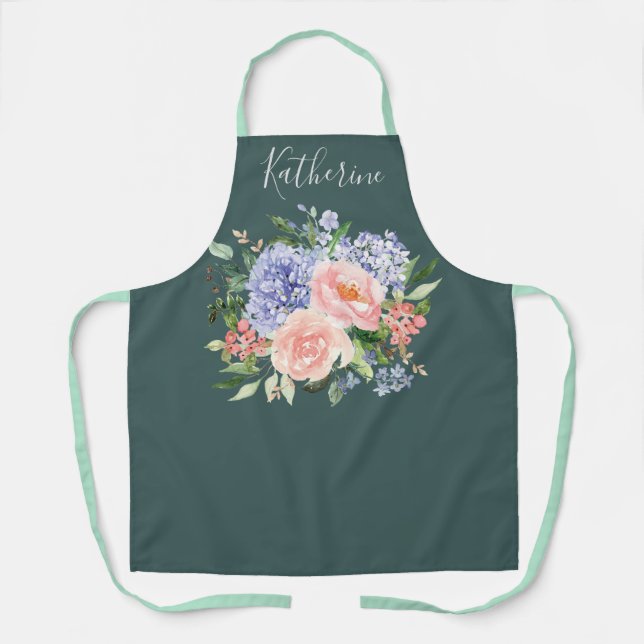 Tablier Fleurs de printemps bleu rose aquarelle monogrammé (Recto)