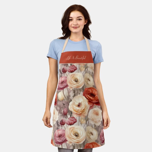 Tablier Fleurs de Ranunculus Crème Rose Rouge   (Porté)