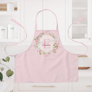 Tablier Fleurs de rose rose poudré en aquarelle à monogram