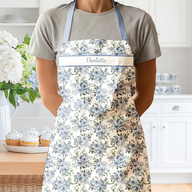 Tablier Fleurs de roses aquarelle bleue (Charlotte Blue Roses Apron)
