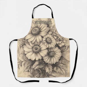 Tablier Fleurs de soleil et papillon - Papier vieilli rust