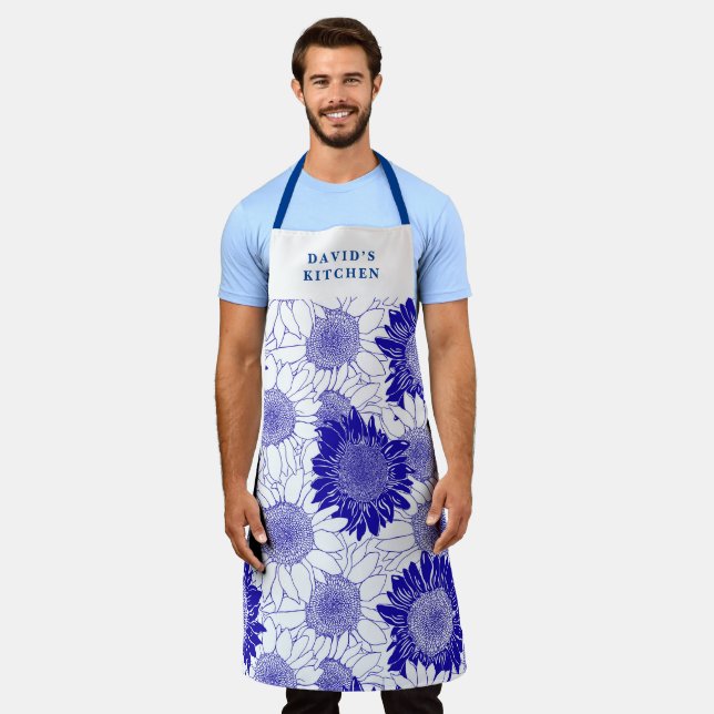Tablier Fleurs de soleil personnalisées bleu (Porté)