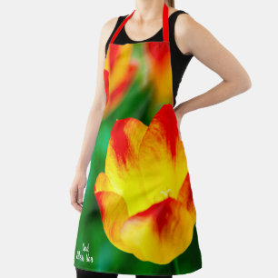 Tablier Fleurs De Tulipes Jaunes Et Rouges Sur Vert