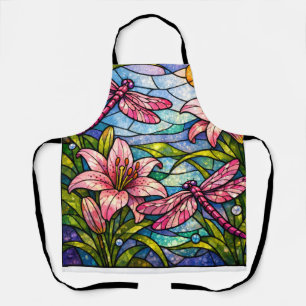Tablier Fleurs de verre teinté de lys et de libellules ros