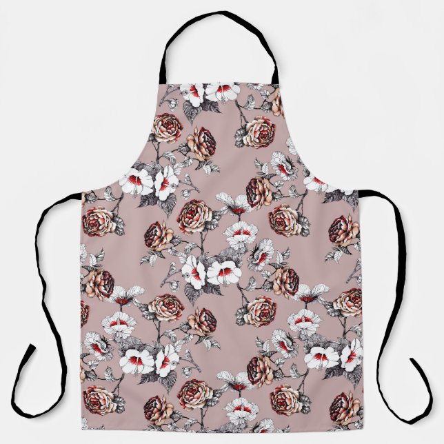 Tablier Fleurs dessinées à la main, motif d'aquarelle rose (Recto)