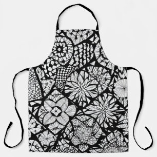 Tablier Fleurs en Tangle noir et blanc