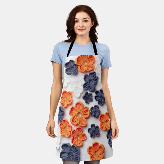 Tablier Fleurs en tissu cousu à la main printemps orange b (Porté)