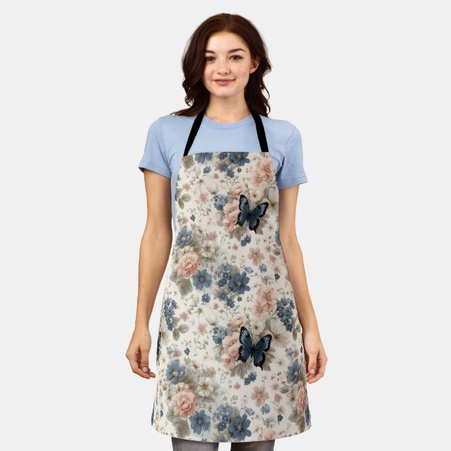 Tablier Fleurs et papillon roses et bleus de printemps vin (Porté)