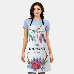 Tablier Fleurs et plumes colorées Boho famille personnalis